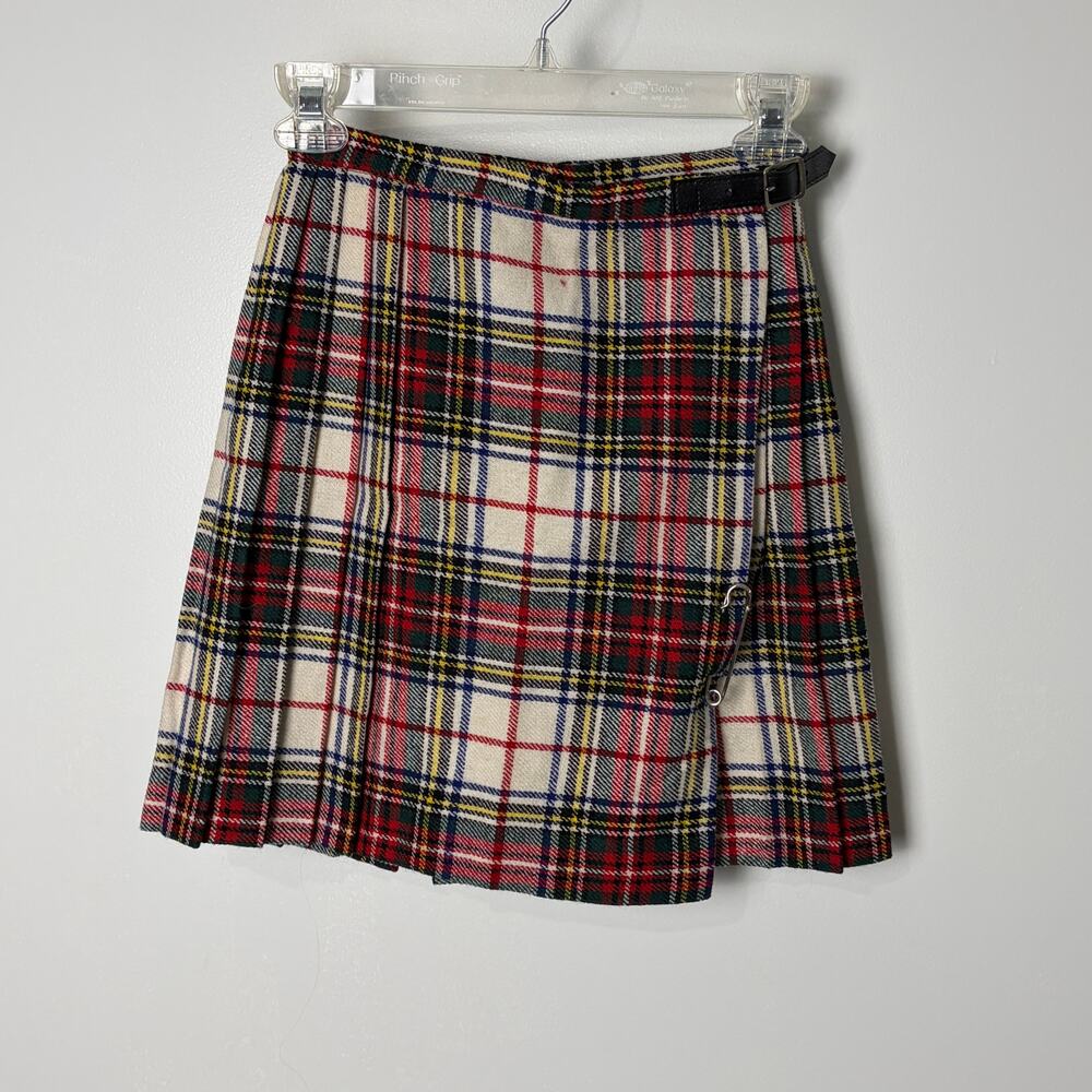 Vintage Girls UK Made 100% Wool Tartan Kilt Pleated Wrap Skirt 23" Waist